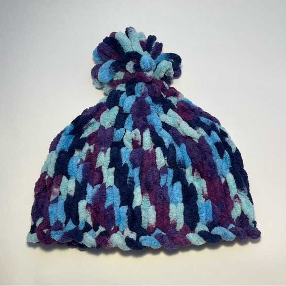 Handmade Kid’s Super Soft & Cozy Winter Hat With Loopy Pom-Pom - Purple & Blue - Picture 3 of 9